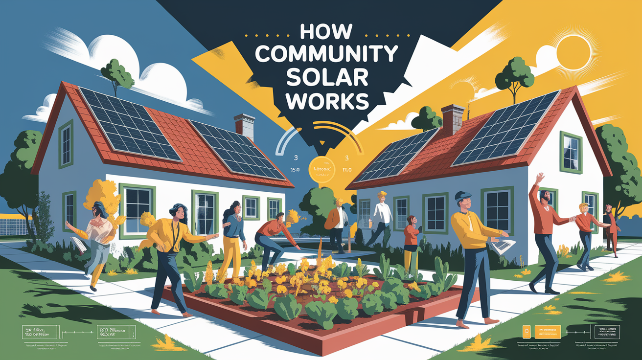 A conceptual illustration representing How Community Solar Works. Visualize the main ideas: . Creative but clear representation of the concept. Style: Visual Theme: Clean, modern aesthetic with high contrast and vibrant energy. Emphasize the intersect. high quality, detailed, professional, clean composition, good lighting, sharp focus, well-composed. high quality, professional, detailed, well-composed