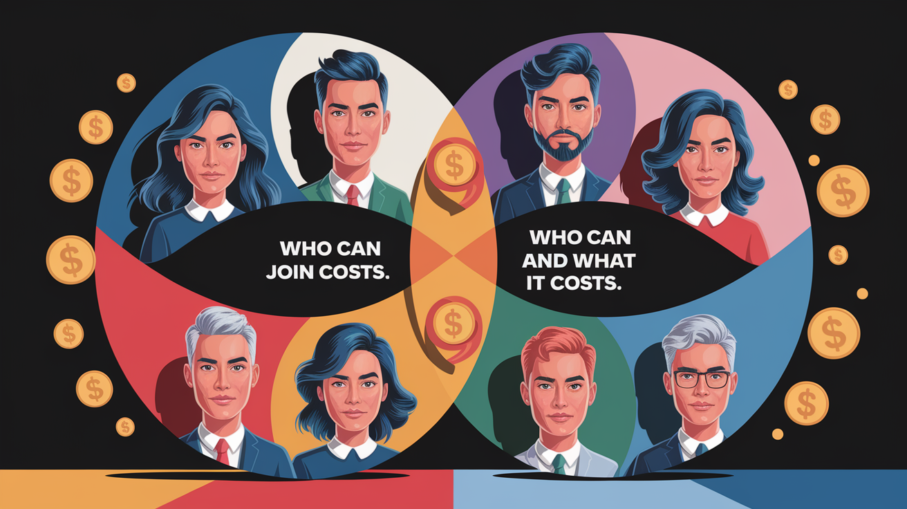 A conceptual illustration representing Who Can Join and What It Costs. Visualize the main ideas: . Creative but clear representation of the concept. Style: Visual Theme: Clean, modern aesthetic with high contrast and vibrant energy. Emphasize the intersect. high quality, detailed, professional, clean composition, good lighting, sharp focus, well-composed. high quality, professional, detailed, well-composed