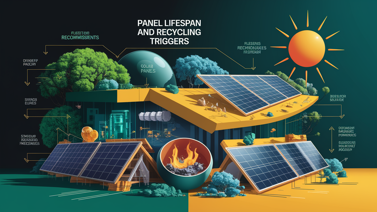 A conceptual illustration representing Panel Lifespan and Recycling Triggers. Visualize the main ideas: . Creative but clear representation of the concept. Style: Visual Theme: Clean, modern aesthetic with high contrast and vibrant energy. Emphasize the intersect. high quality, detailed, professional, clean composition, good lighting, sharp focus, well-composed. high quality, professional, detailed, well-composed