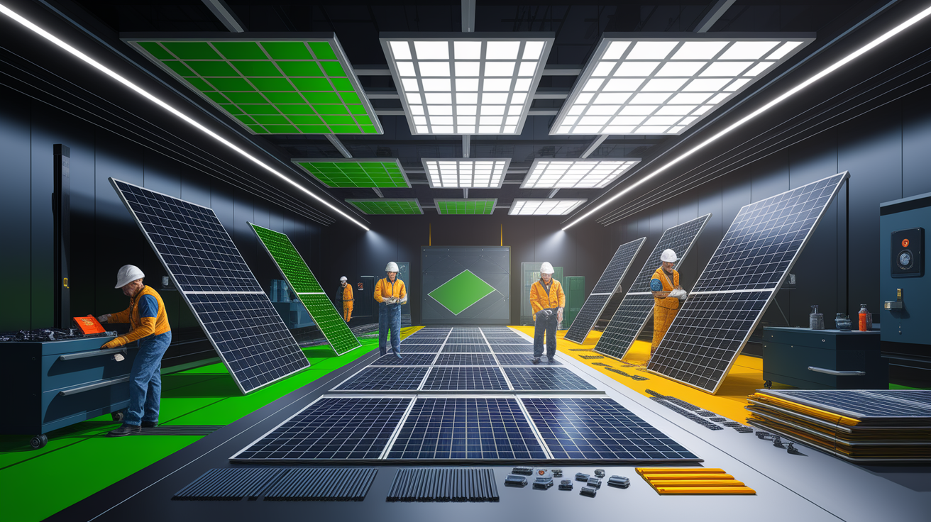 A conceptual illustration representing Preparing Solar Panels for Recycling. Visualize the main ideas: . Creative but clear representation of the concept. Style: Visual Theme: Clean, modern aesthetic with high contrast and vibrant energy. Emphasize the intersect. high quality, detailed, professional, clean composition, good lighting, sharp focus, well-composed. high quality, professional, detailed, well-composed