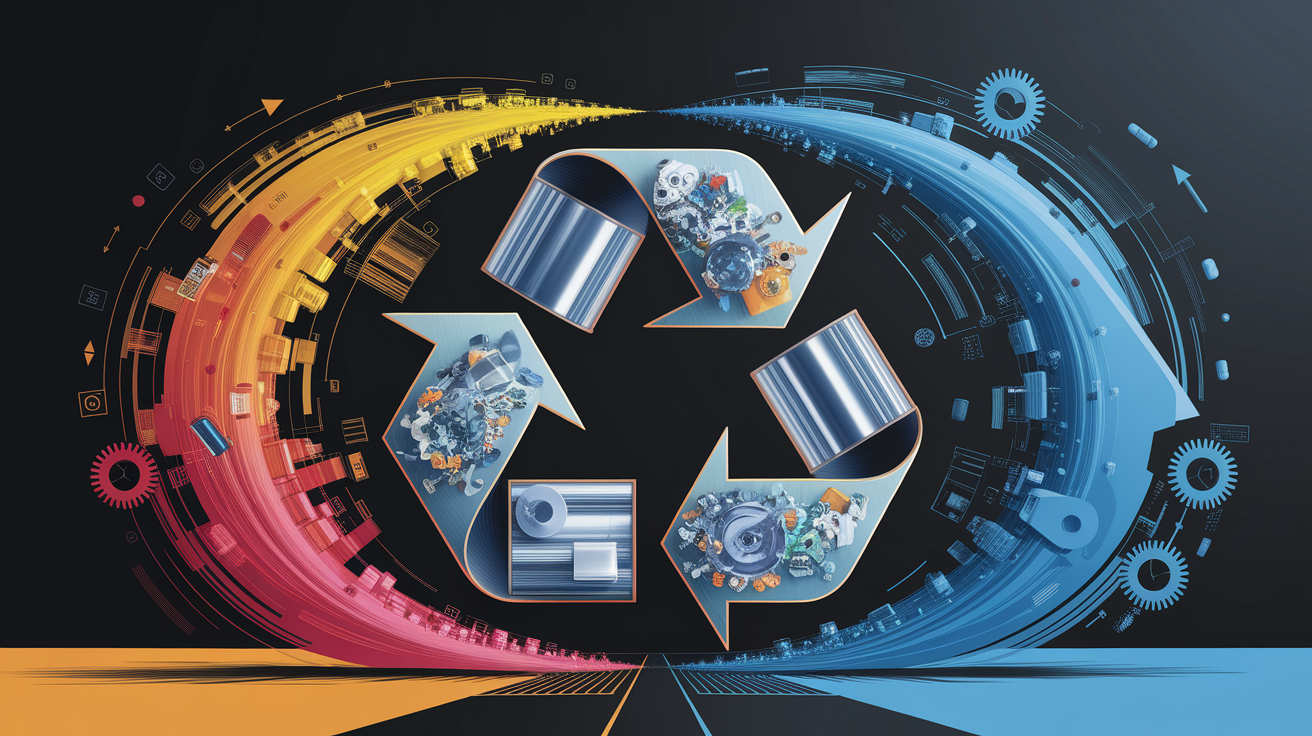 A conceptual illustration representing Recycling Methods and Technologies. Visualize the main ideas: . Creative but clear representation of the concept. Style: Visual Theme: Clean, modern aesthetic with high contrast and vibrant energy. Emphasize the intersect. high quality, detailed, professional, clean composition, good lighting, sharp focus, well-composed. high quality, professional, detailed, well-composed