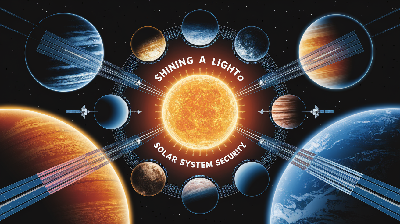 A conceptual illustration representing Shining a Light on Solar System Security. Visualize the main ideas: . Creative but clear representation of the concept. Style: Visual Theme: Clean, modern aesthetic with high contrast and vibrant energy. Emphasize the intersect. high quality, detailed, professional, clean composition, good lighting, sharp focus, well-composed. high quality, professional, detailed, well-composed