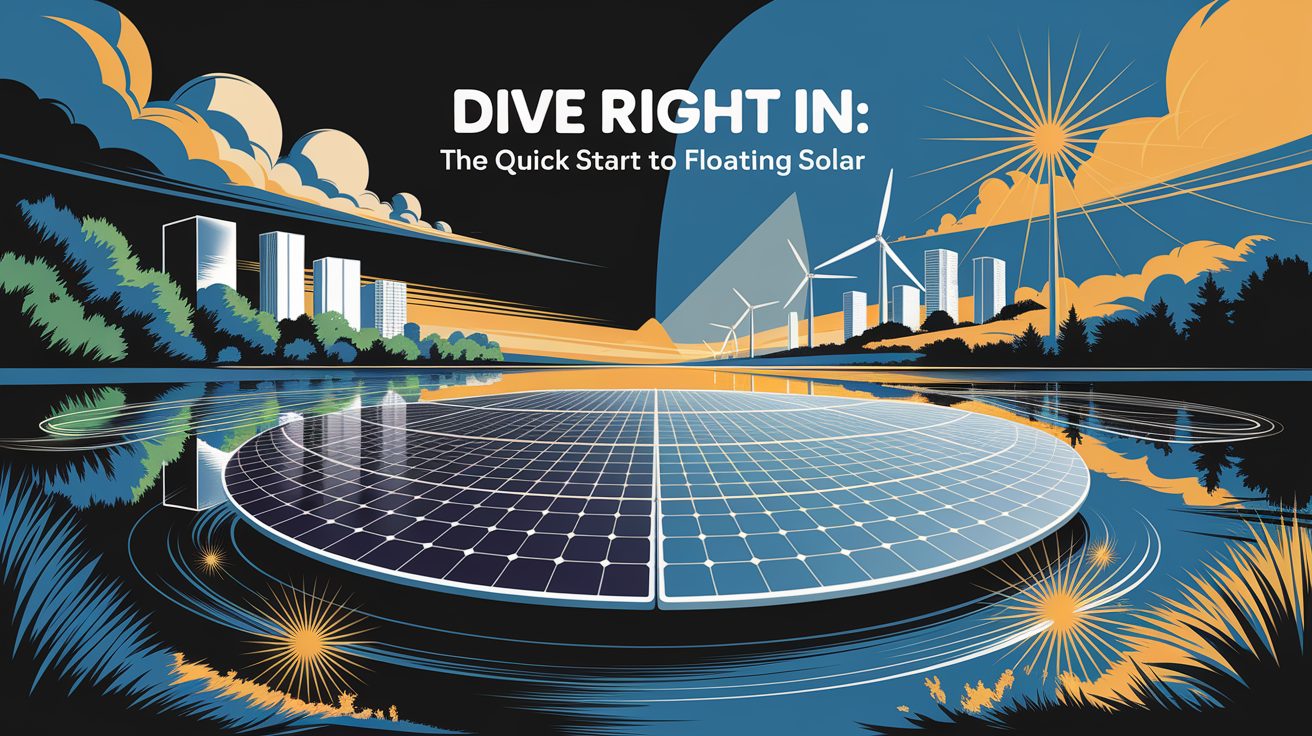 A conceptual illustration representing Dive Right In: The Quick Start to Floating Solar. Visualize the main ideas: . Creative but clear representation of the concept. Style: Visual Theme: Clean, modern aesthetic with high contrast and vibrant energy. Emphasize the intersect. high quality, detailed, professional, clean composition, good lighting, sharp focus, well-composed. high quality, professional, detailed, well-composed
