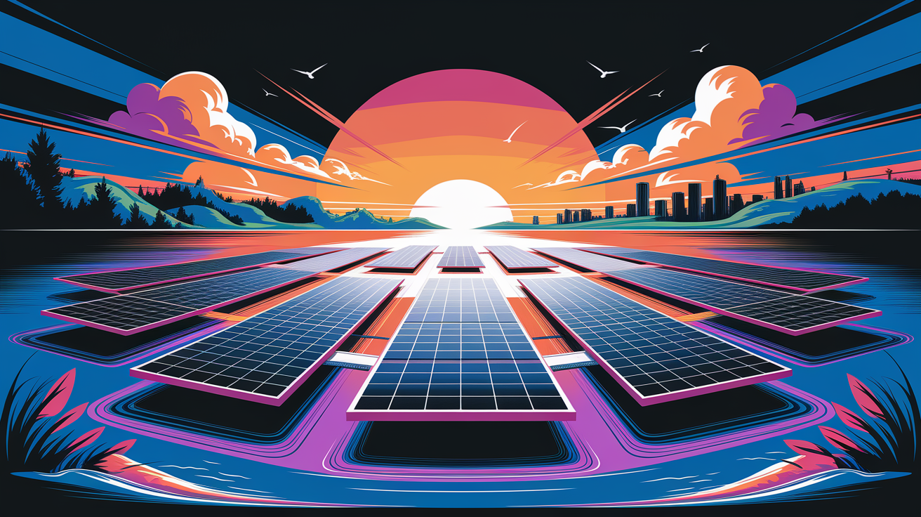 A conceptual illustration representing Planning Your Floating Solar Project. Visualize the main ideas: . Creative but clear representation of the concept. Style: Visual Theme: Clean, modern aesthetic with high contrast and vibrant energy. Emphasize the intersect. high quality, detailed, professional, clean composition, good lighting, sharp focus, well-composed. high quality, professional, detailed, well-composed