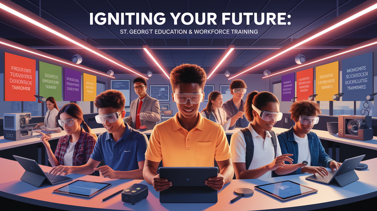 A conceptual illustration representing Igniting Your Future: St. George Tech Education & Workforce Training. Visualize the main ideas: . Creative but clear representation of the concept. Style: photorealistic. high quality, detailed, professional, clean composition, good lighting, sharp focus, well-composed. high quality, professional, detailed, well-composed