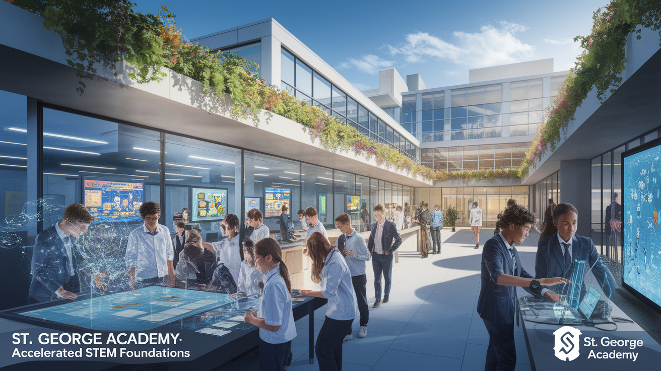 A conceptual illustration representing St. George Academy: Accelerated STEM Foundations. Visualize the main ideas: . Creative but clear representation of the concept. Style: photorealistic. high quality, detailed, professional, clean composition, good lighting, sharp focus, well-composed. high quality, professional, detailed, well-composed