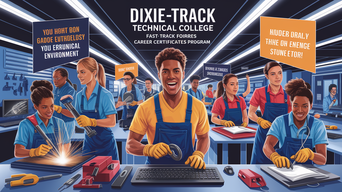 A conceptual illustration representing Dixie Technical College: Fast-Track Career Certificates. Visualize the main ideas: . Creative but clear representation of the concept. Style: photorealistic. high quality, detailed, professional, clean composition, good lighting, sharp focus, well-composed. high quality, professional, detailed, well-composed