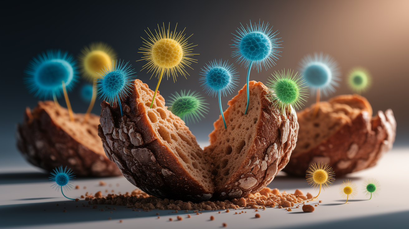 A conceptual illustration representing Crumbs and Spores: The One-Sentence Answer. Visualize the main ideas: . Creative but clear representation of the concept. Style: photorealistic. high quality, detailed, professional, clean composition, good lighting, sharp focus, well-composed. high quality, professional, detailed, well-composed
