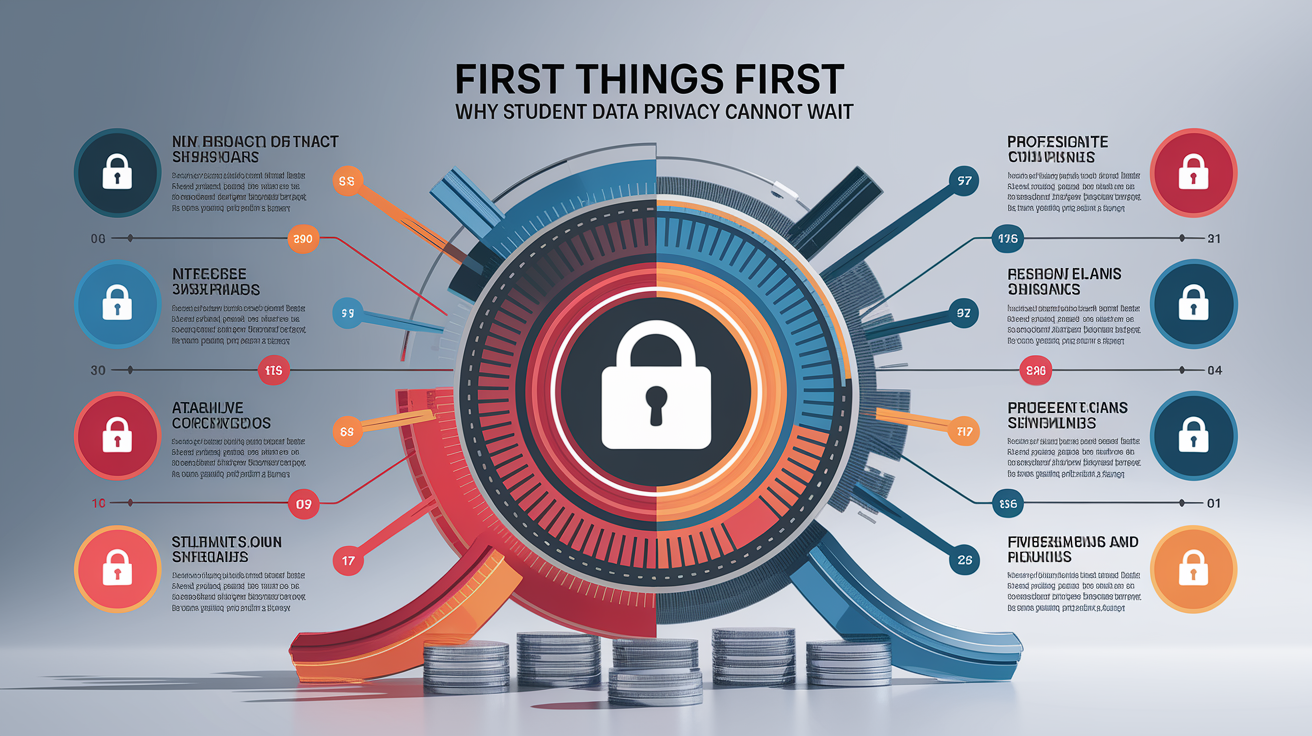 A clean, professional data visualization or infographic related to First Things First â€“ Why Student Data Privacy Cannot Wait. Include elements like charts, graphs, or statistical representations. Focus on . Style: photorealistic. high quality, detailed, professional, clean composition, good lighting, sharp focus, well-composed. high quality, professional, detailed, well-composed