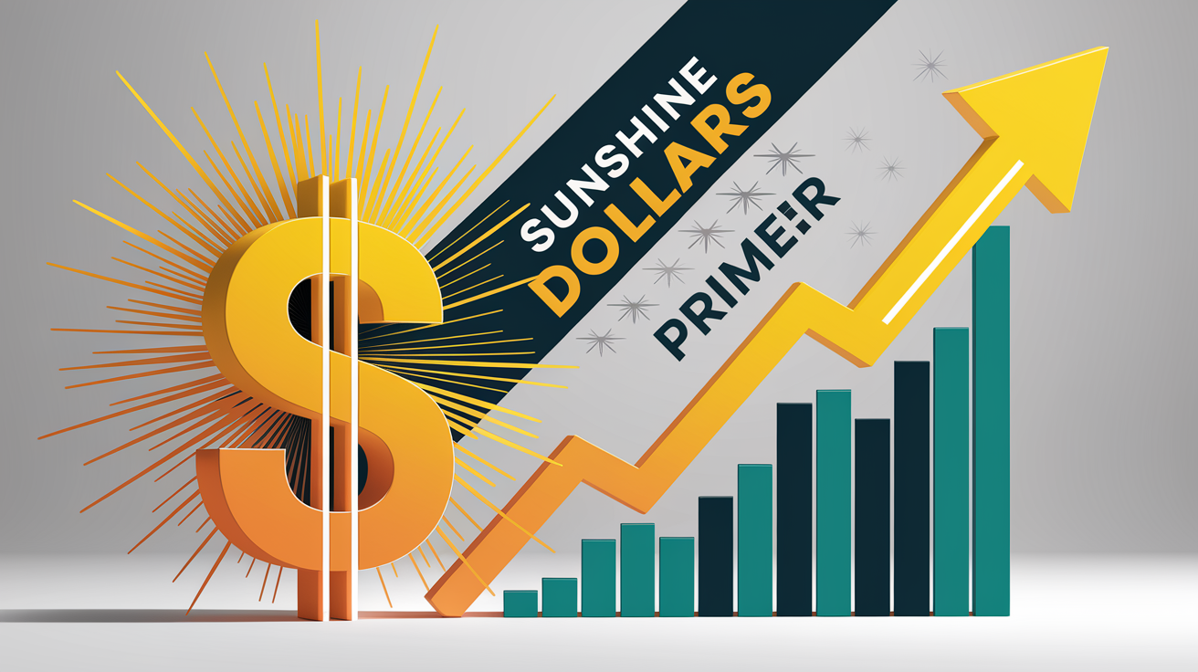 A conceptual illustration representing Sunshine Dollars Primer. Visualize the main ideas: . Creative but clear representation of the concept. Style: Visual Theme: Clean, modern aesthetic with high contrast and vibrant energy. Emphasize the intersect. high quality, detailed, professional, clean composition, good lighting, sharp focus, well-composed. high quality, professional, detailed, well-composed