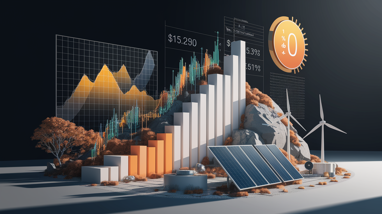 A conceptual illustration representing Calculating LCOE. Visualize the main ideas: . Creative but clear representation of the concept. Style: Visual Theme: Clean, modern aesthetic with high contrast and vibrant energy. Emphasize the intersect. high quality, detailed, professional, clean composition, good lighting, sharp focus, well-composed. high quality, professional, detailed, well-composed