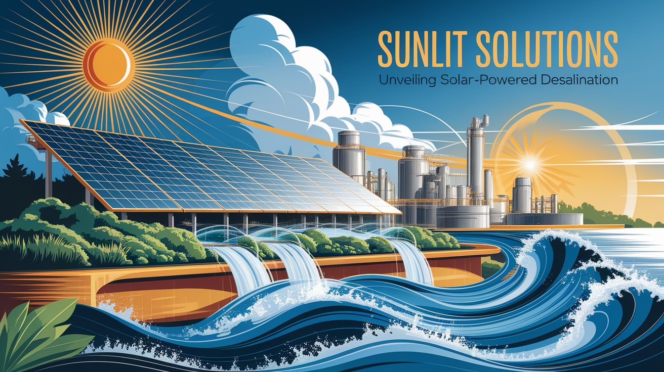 A conceptual illustration representing Sunlit Solutions â€“ Unveiling Solar-Powered Desalination. Visualize the main ideas: . Creative but clear representation of the concept. Style: Visual Theme: Clean, modern aesthetic with high contrast and vibrant energy. Emphasize the intersect. high quality, detailed, professional, clean composition, good lighting, sharp focus, well-composed. high quality, professional, detailed, well-composed