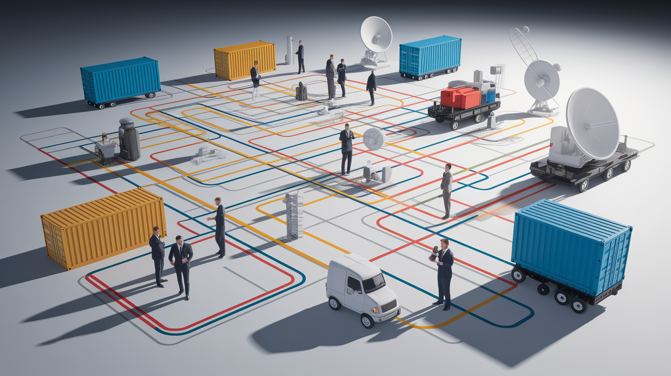 A conceptual illustration representing Communication Framework and Logistics Support. Visualize the main ideas: . Creative but clear representation of the concept. Style: photorealistic. high quality, detailed, professional, clean composition, good lighting, sharp focus, well-composed. high quality, professional, detailed, well-composed