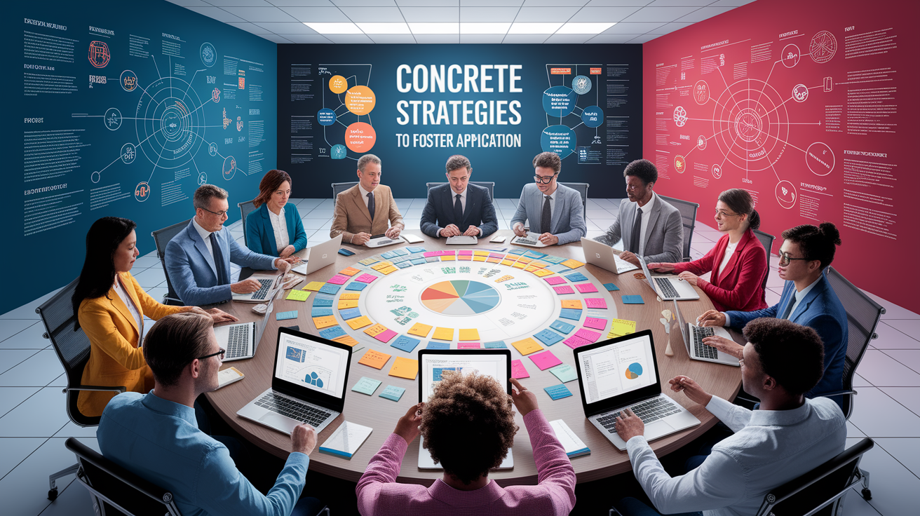A conceptual illustration representing Concrete Strategies to Foster Application. Visualize the main ideas: . Creative but clear representation of the concept. Style: photorealistic. high quality, detailed, professional, clean composition, good lighting, sharp focus, well-composed. high quality, professional, detailed, well-composed