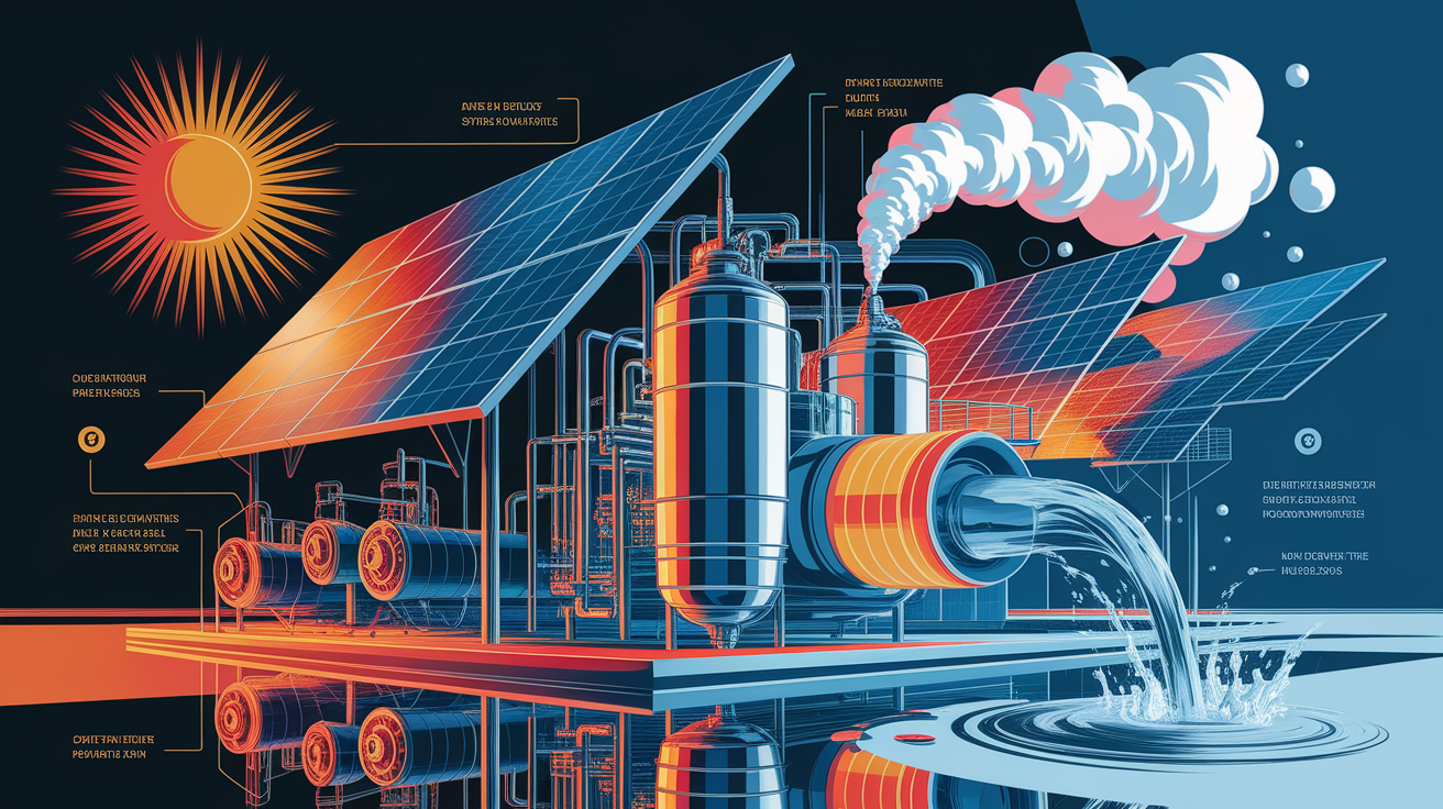 A conceptual illustration representing How Solar Desalination Systems Work. Visualize the main ideas: . Creative but clear representation of the concept. Style: Visual Theme: Clean, modern aesthetic with high contrast and vibrant energy. Emphasize the intersect. high quality, detailed, professional, clean composition, good lighting, sharp focus, well-composed. high quality, professional, detailed, well-composed