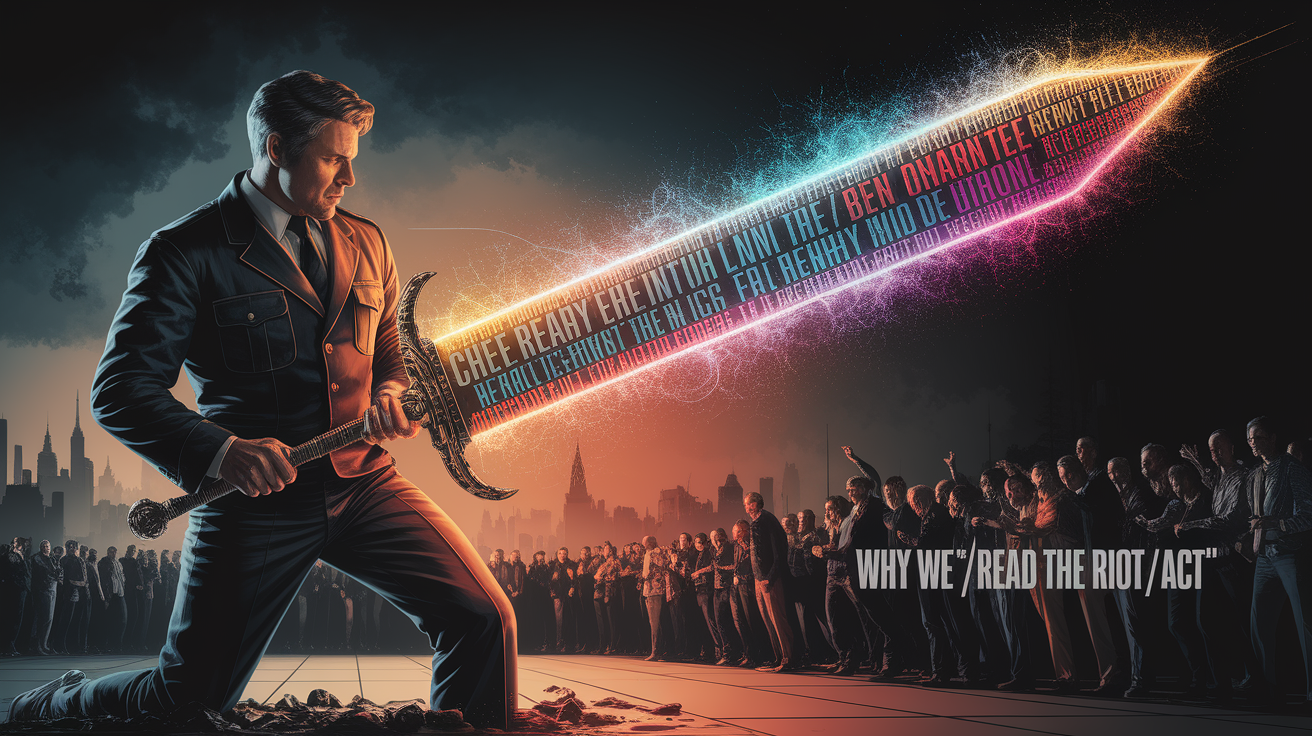 A conceptual illustration representing A Verbal Sword â Why We 'Read the Riot Act'. Visualize the main ideas: . Creative but clear representation of the concept. Style: photorealistic. high quality, detailed, professional, clean composition, good lighting, sharp focus, well-composed. high quality, professional, detailed, well-composed