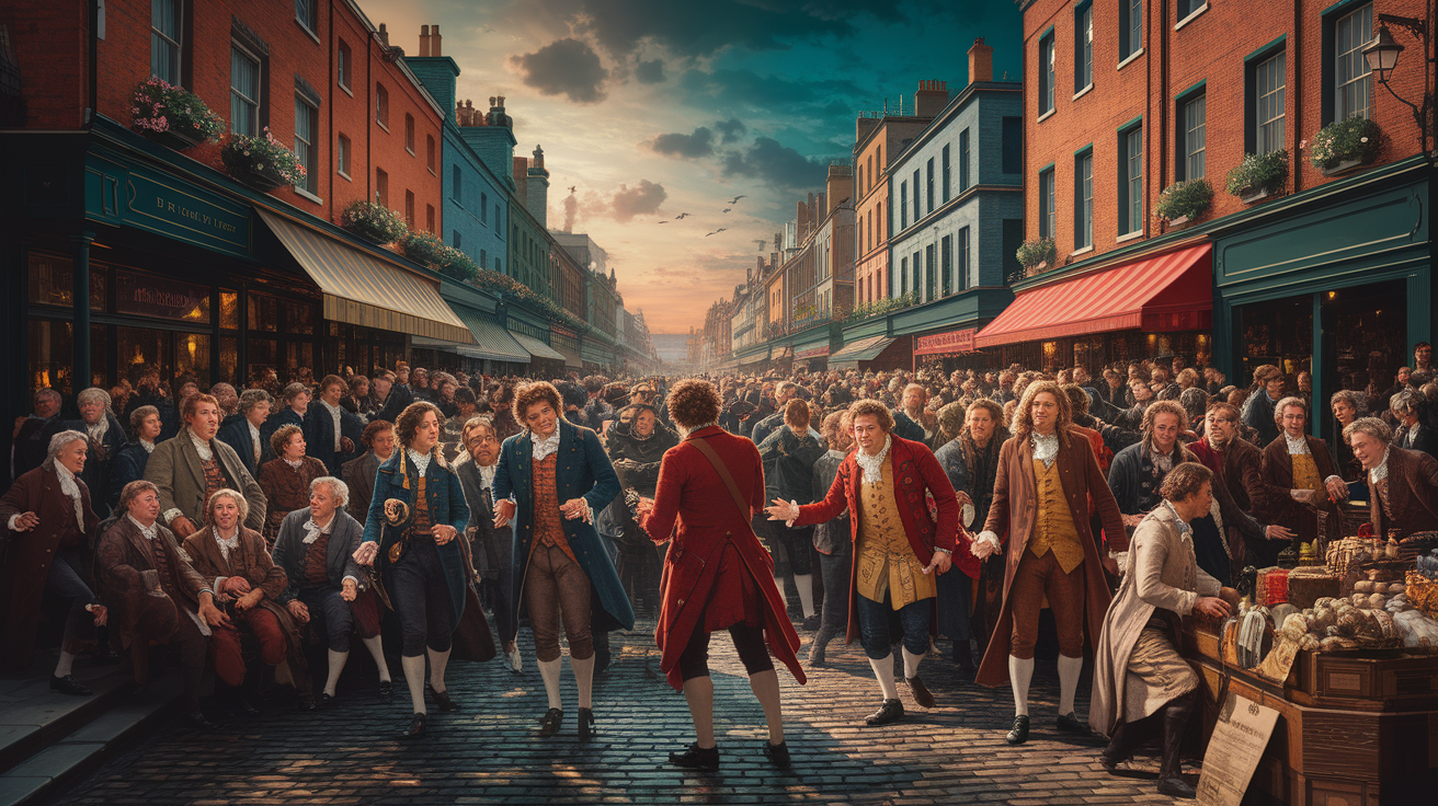 A conceptual illustration representing Tumult in Early 18th-Century Britain. Visualize the main ideas: . Creative but clear representation of the concept. Style: photorealistic. high quality, detailed, professional, clean composition, good lighting, sharp focus, well-composed. high quality, professional, detailed, well-composed