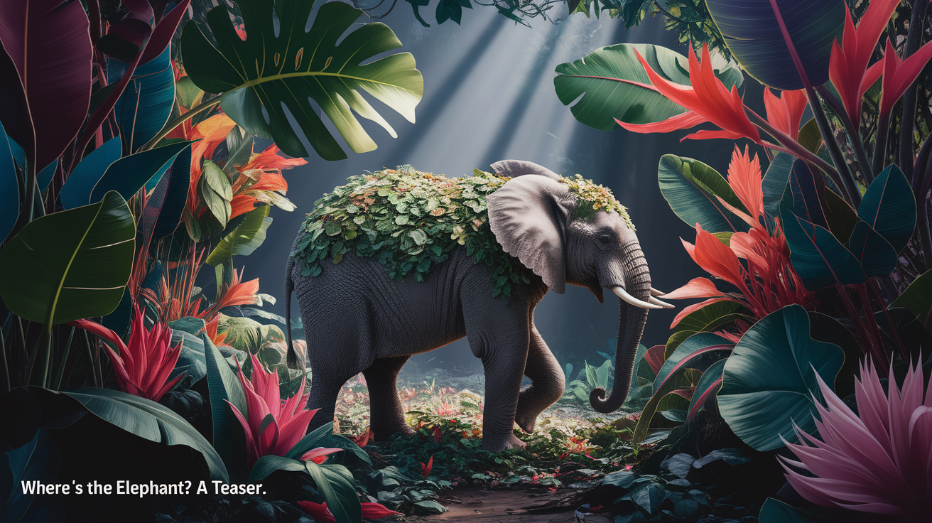 A conceptual illustration representing Where’s the Elephant? A Teaser. Visualize the main ideas: . Creative but clear representation of the concept. Style: photorealistic. high quality, detailed, professional, clean composition, good lighting, sharp focus, well-composed. high quality, professional, detailed, well-composed
