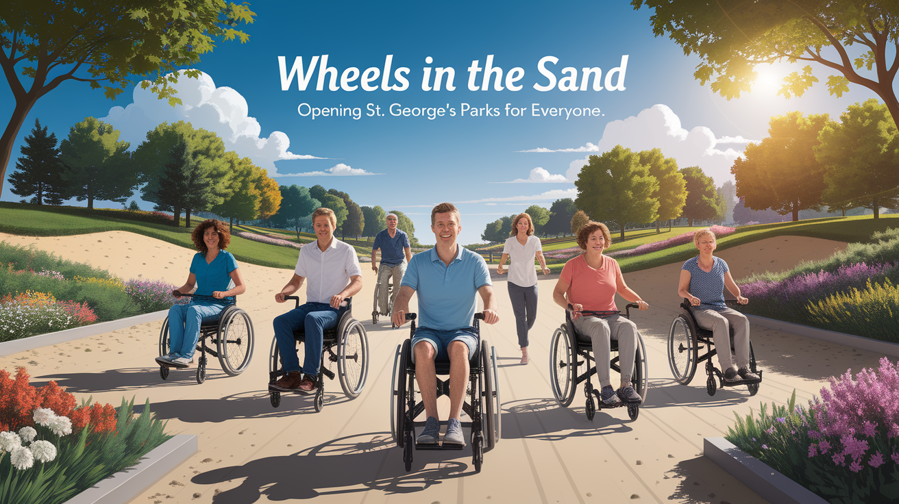 A conceptual illustration representing Wheels in the Sand â€“ Opening St. Georgeâ€™s Parks for Everyone. Visualize the main ideas: . Creative but clear representation of the concept. Style: photorealistic. high quality, detailed, professional, clean composition, good lighting, sharp focus, well-composed. high quality, professional, detailed, well-composed