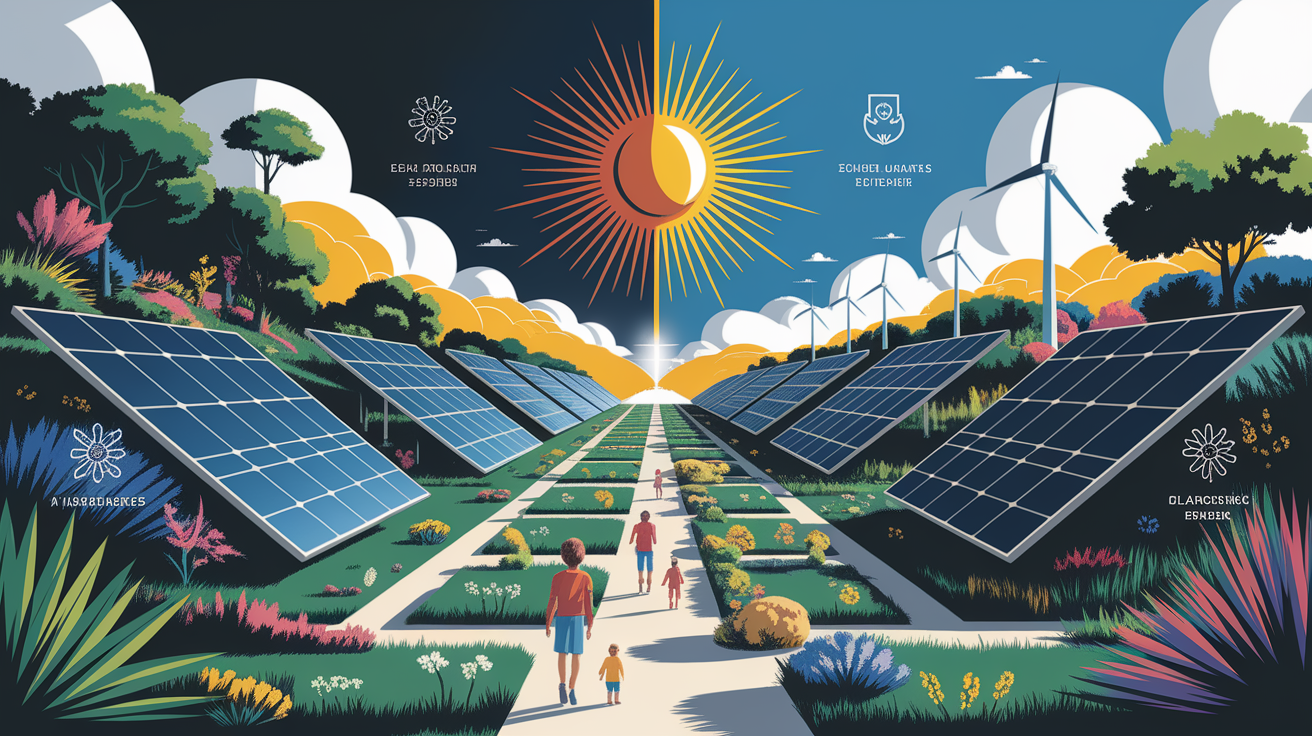 A conceptual illustration representing Powering Solar Sustainability from Day One. Visualize the main ideas: . Creative but clear representation of the concept. Style: Visual Theme: Clean, modern aesthetic with high contrast and vibrant energy. Emphasize the intersect. high quality, detailed, professional, clean composition, good lighting, sharp focus, well-composed. high quality, professional, detailed, well-composed