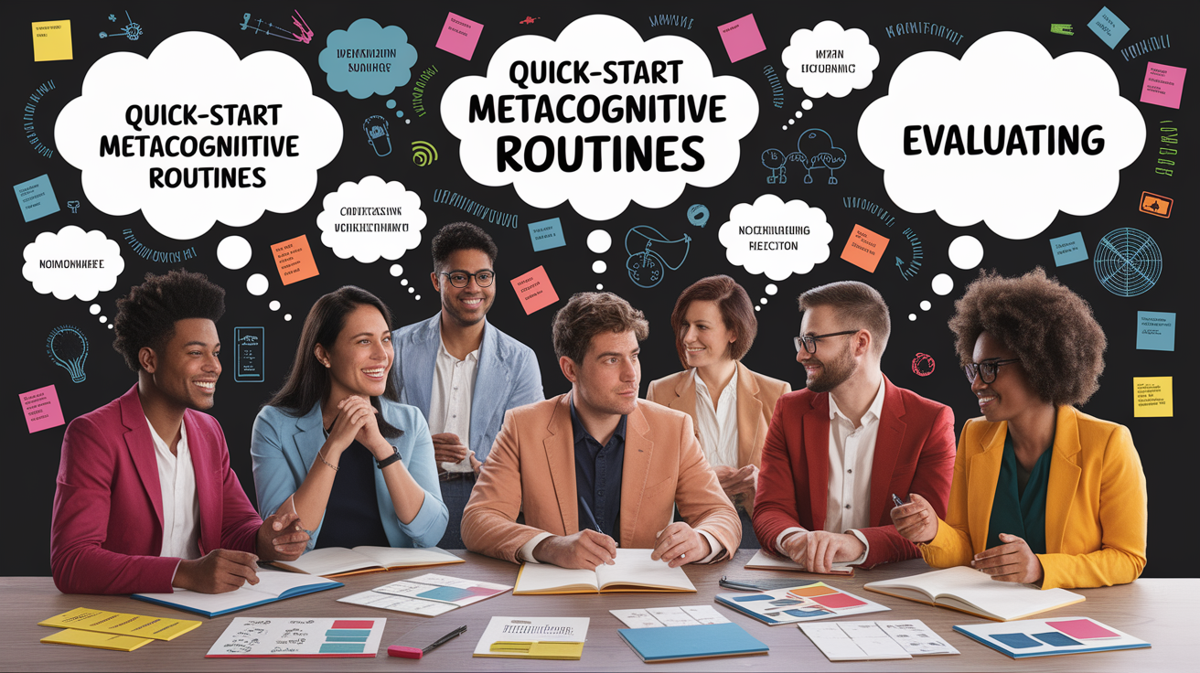 A conceptual illustration representing Quick-Start Metacognitive Routines. Visualize the main ideas: . Creative but clear representation of the concept. Style: photorealistic. high quality, detailed, professional, clean composition, good lighting, sharp focus, well-composed. high quality, professional, detailed, well-composed