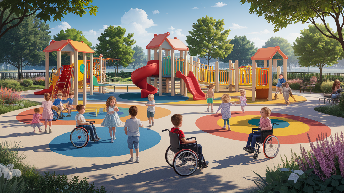 A conceptual illustration representing Inclusive Playground Design Principles. Visualize the main ideas: . Creative but clear representation of the concept. Style: photorealistic. high quality, detailed, professional, clean composition, good lighting, sharp focus, well-composed. high quality, professional, detailed, well-composed