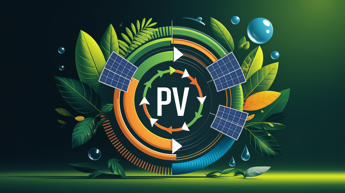 A conceptual illustration representing Circular Economy Principles in PV Manufacturing. Visualize the main ideas: . Creative but clear representation of the concept. Style: Visual Theme: Clean, modern aesthetic with high contrast and vibrant energy. Emphasize the intersect. high quality, detailed, professional, clean composition, good lighting, sharp focus, well-composed. high quality, professional, detailed, well-composed