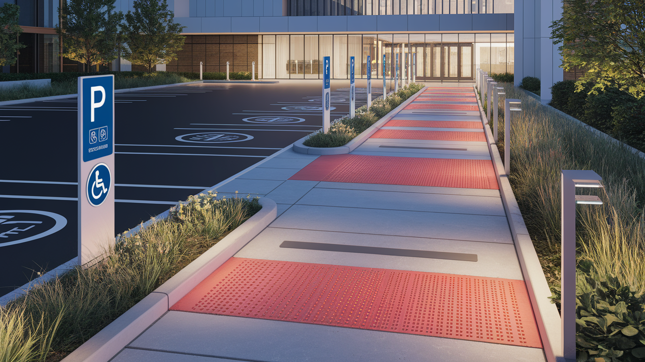 A conceptual illustration representing Accessible Parking and Pathway Integration. Visualize the main ideas: . Creative but clear representation of the concept. Style: photorealistic. high quality, detailed, professional, clean composition, good lighting, sharp focus, well-composed. high quality, professional, detailed, well-composed