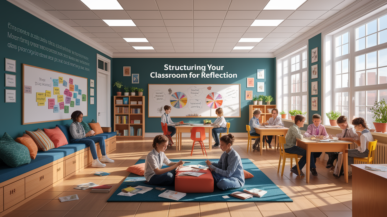 A conceptual illustration representing Structuring Your Classroom for Reflection. Visualize the main ideas: . Creative but clear representation of the concept. Style: photorealistic. high quality, detailed, professional, clean composition, good lighting, sharp focus, well-composed. high quality, professional, detailed, well-composed
