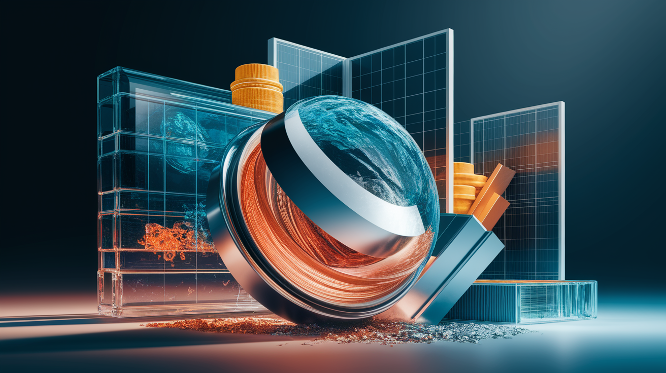 A conceptual illustration representing Key Recycled Materials in PV Modules. Visualize the main ideas: . Creative but clear representation of the concept. Style: Visual Theme: Clean, modern aesthetic with high contrast and vibrant energy. Emphasize the intersect. high quality, detailed, professional, clean composition, good lighting, sharp focus, well-composed. high quality, professional, detailed, well-composed