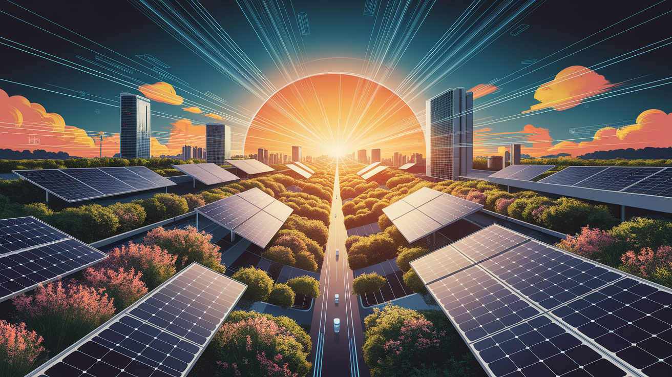 A conceptual illustration representing Dawn of Solar-Powered Connectivity. Visualize the main ideas: . Creative but clear representation of the concept. Style: Visual Theme: Clean, modern aesthetic with high contrast and vibrant energy. Emphasize the intersect. high quality, detailed, professional, clean composition, good lighting, sharp focus, well-composed. high quality, professional, detailed, well-composed