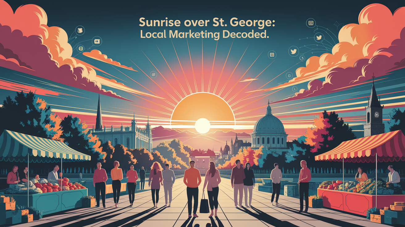 A conceptual illustration representing Sunrise Over St. George: Local Marketing Decoded. Visualize the main ideas: . Creative but clear representation of the concept. Style: photorealistic. high quality, detailed, professional, clean composition, good lighting, sharp focus, well-composed. high quality, professional, detailed, well-composed