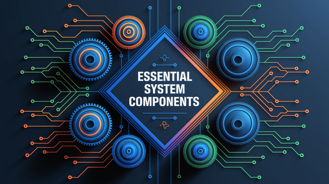 A conceptual illustration representing Essential System Components. Visualize the main ideas: . Creative but clear representation of the concept. Style: Visual Theme: Clean, modern aesthetic with high contrast and vibrant energy. Emphasize the intersect. high quality, detailed, professional, clean composition, good lighting, sharp focus, well-composed. high quality, professional, detailed, well-composed