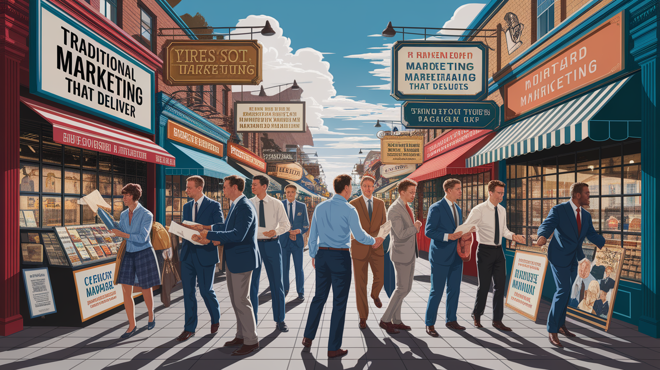 A conceptual illustration representing Traditional Marketing Tactics That Deliver. Visualize the main ideas: . Creative but clear representation of the concept. Style: photorealistic. high quality, detailed, professional, clean composition, good lighting, sharp focus, well-composed. high quality, professional, detailed, well-composed