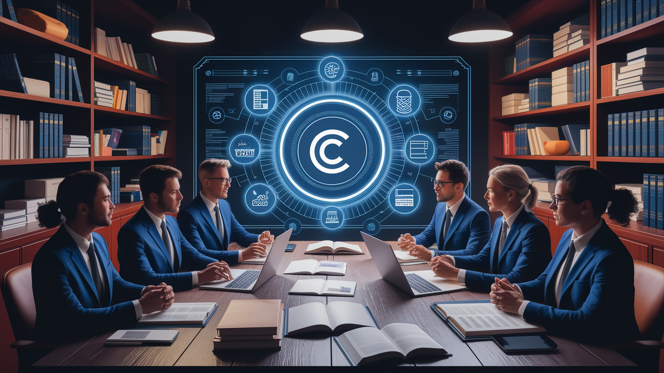 A conceptual illustration representing Establishing Robust Copyright Compliance Processes. Visualize the main ideas: . Creative but clear representation of the concept. Style: photorealistic. high quality, detailed, professional, clean composition, good lighting, sharp focus, well-composed. high quality, professional, detailed, well-composed