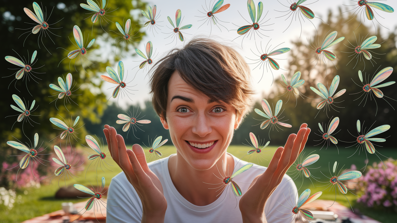 A conceptual illustration representing Feeling Like a Mosquito Magnet? The Quick Scoop. Visualize the main ideas: . Creative but clear representation of the concept. Style: photorealistic. high quality, detailed, professional, clean composition, good lighting, sharp focus, well-composed. high quality, professional, detailed, well-composed