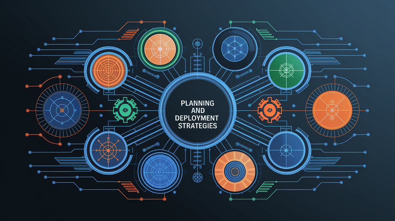A conceptual illustration representing Planning and Deployment Strategies. Visualize the main ideas: . Creative but clear representation of the concept. Style: Visual Theme: Clean, modern aesthetic with high contrast and vibrant energy. Emphasize the intersect. high quality, detailed, professional, clean composition, good lighting, sharp focus, well-composed. high quality, professional, detailed, well-composed