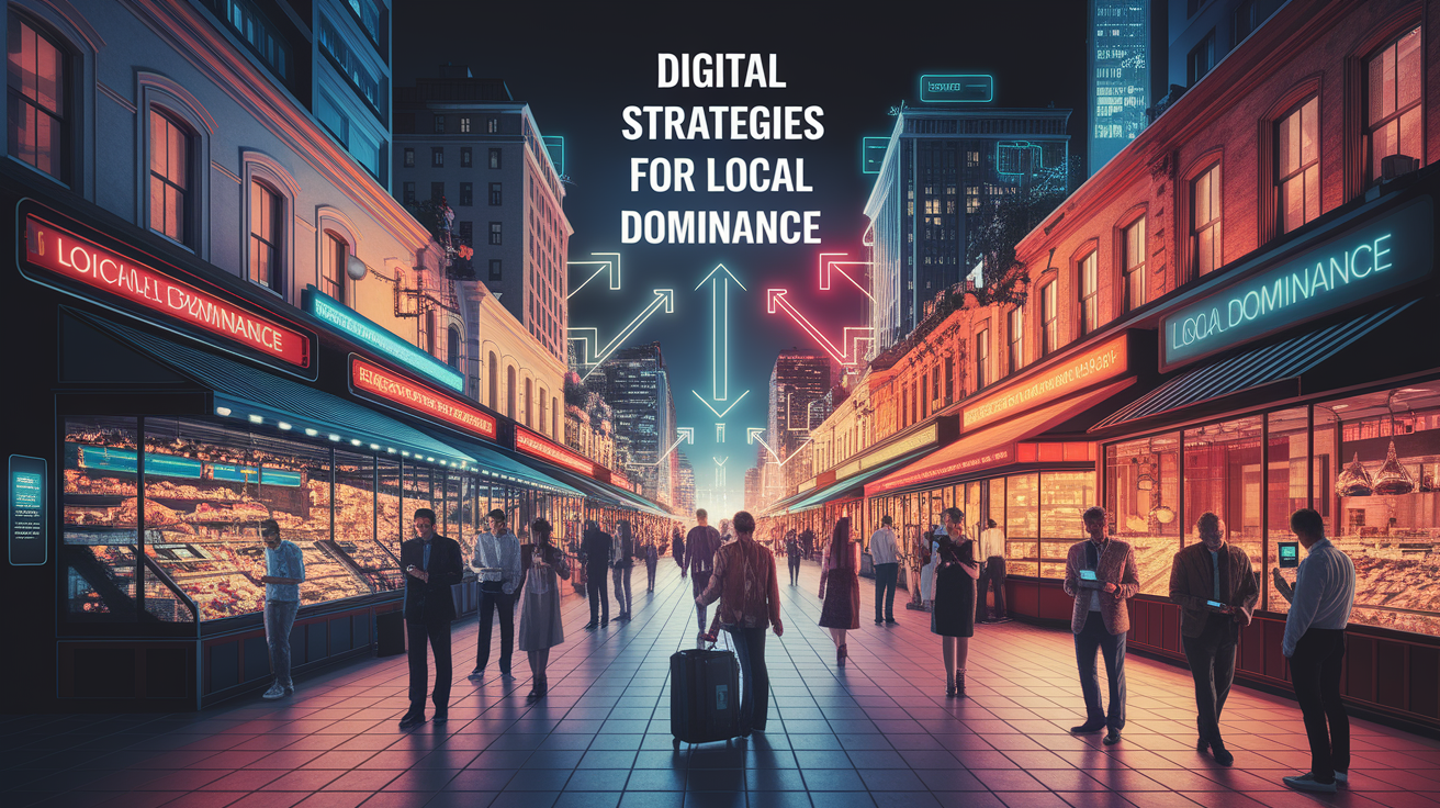 A conceptual illustration representing Digital Strategies for Local Dominance. Visualize the main ideas: . Creative but clear representation of the concept. Style: photorealistic. high quality, detailed, professional, clean composition, good lighting, sharp focus, well-composed. high quality, professional, detailed, well-composed