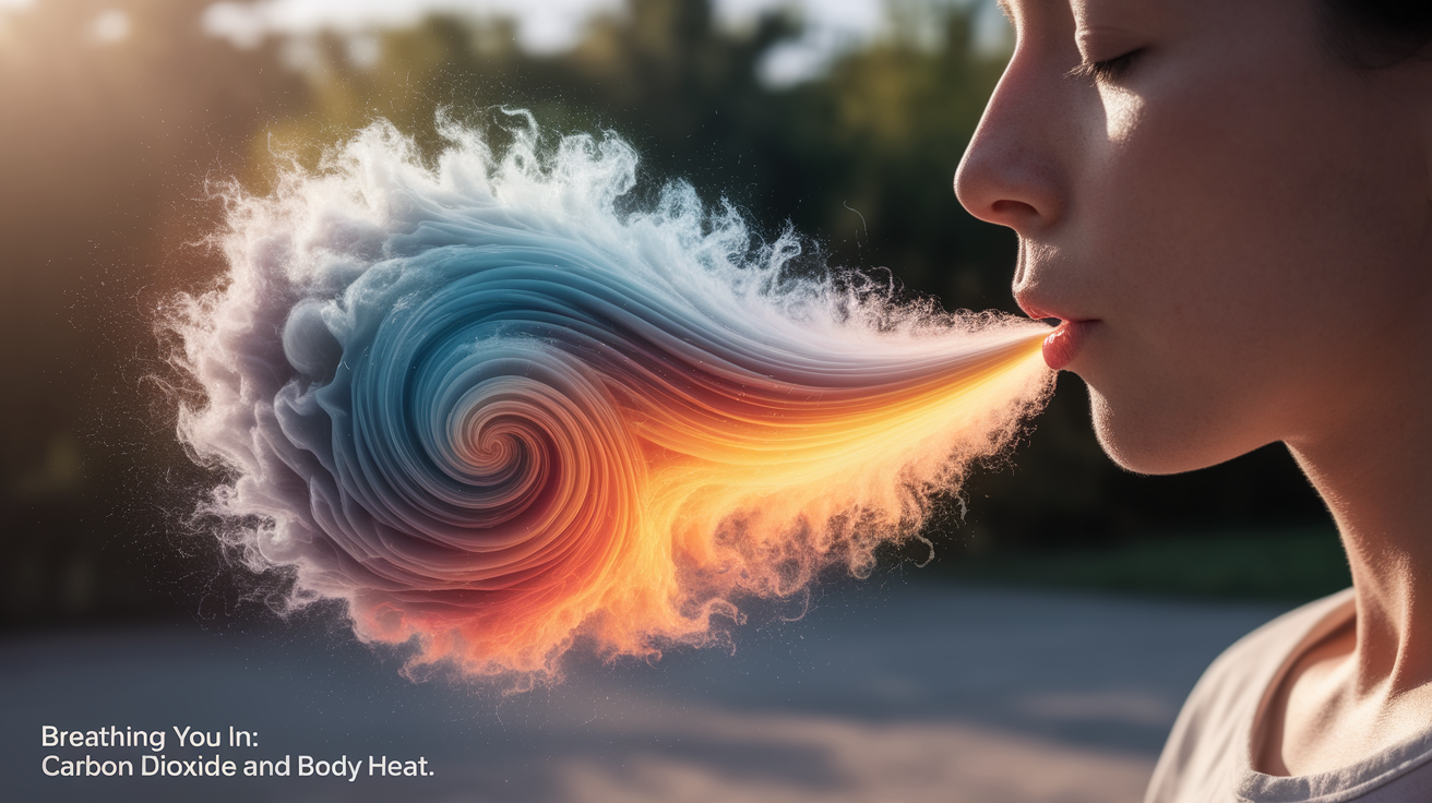 A conceptual illustration representing Breathing You In: Carbon Dioxide and Body Heat. Visualize the main ideas: . Creative but clear representation of the concept. Style: photorealistic. high quality, detailed, professional, clean composition, good lighting, sharp focus, well-composed. high quality, professional, detailed, well-composed