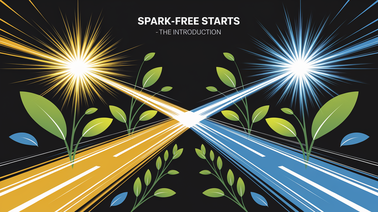 A conceptual illustration representing Spark-Free Starts â The Introduction. Visualize the main ideas: . Creative but clear representation of the concept. Style: Visual Theme: Clean, modern aesthetic with high contrast and vibrant energy. Emphasize the intersect. high quality, detailed, professional, clean composition, good lighting, sharp focus, well-composed. high quality, professional, detailed, well-composed