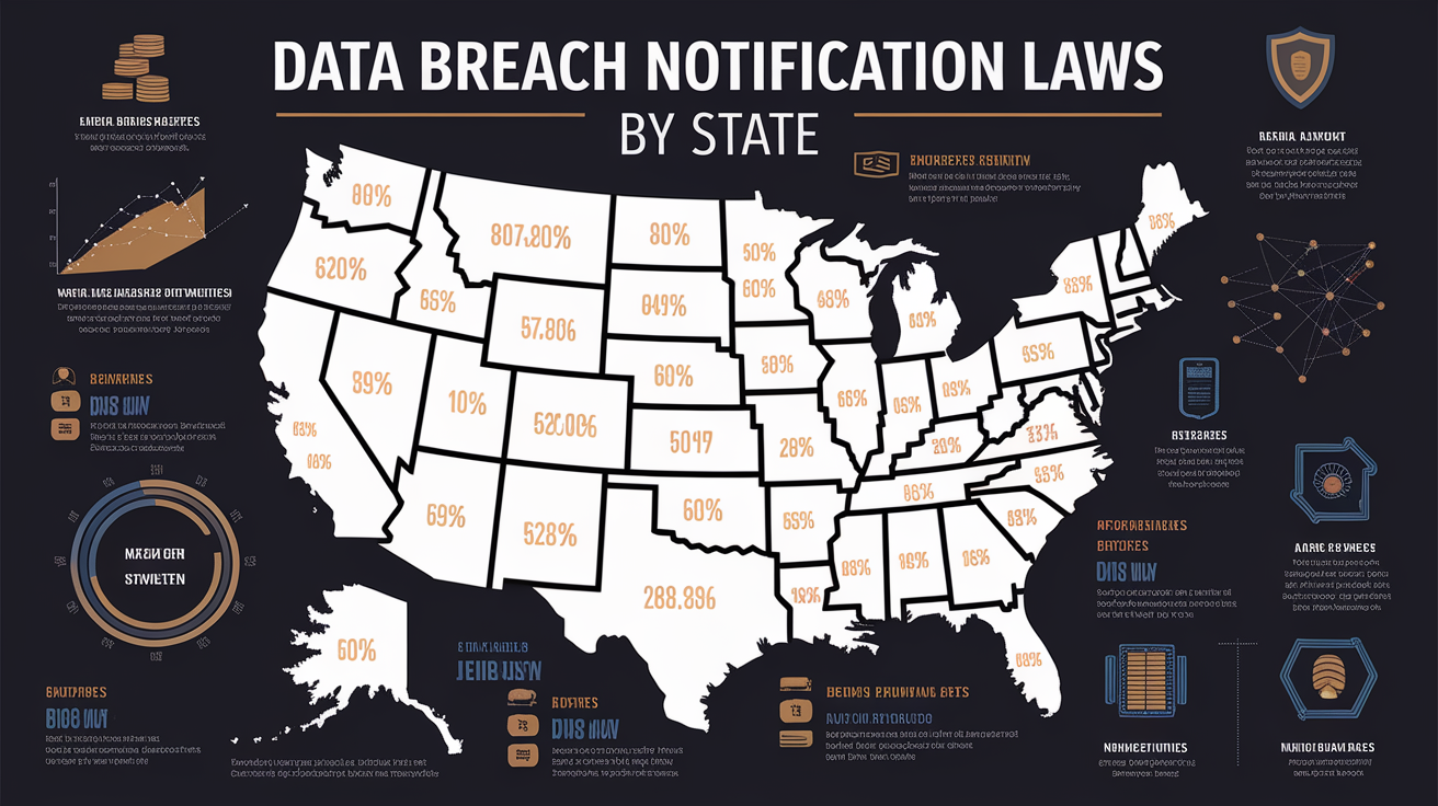 A clean, professional data visualization or infographic related to Overview of Data Breach Notification Laws by State. Include elements like charts, graphs, or statistical representations. Focus on . Style: photorealistic. high quality, detailed, professional, clean composition, good lighting, sharp focus, well-composed. high quality, professional, detailed, well-composed