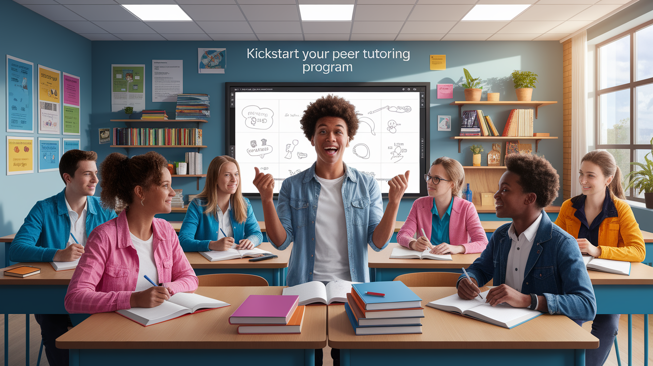 A conceptual illustration representing Kickstart Your Peer Tutoring Program. Visualize the main ideas: . Creative but clear representation of the concept. Style: photorealistic. high quality, detailed, professional, clean composition, good lighting, sharp focus, well-composed. high quality, professional, detailed, well-composed