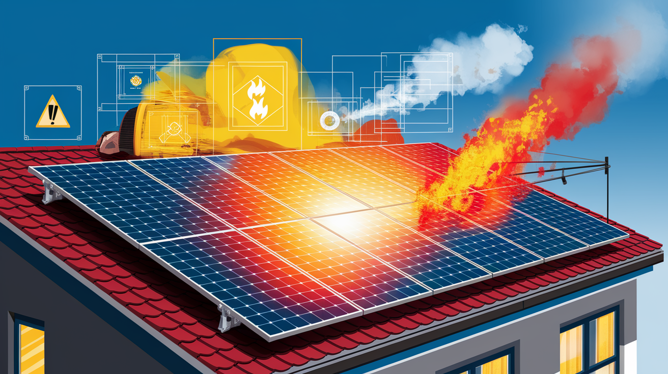 A conceptual illustration representing Identifying Fire Risks in Rooftop Solar Installations. Visualize the main ideas: . Creative but clear representation of the concept. Style: Visual Theme: Clean, modern aesthetic with high contrast and vibrant energy. Emphasize the intersect. high quality, detailed, professional, clean composition, good lighting, sharp focus, well-composed. high quality, professional, detailed, well-composed