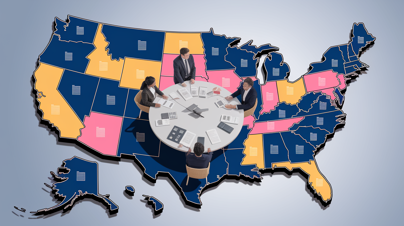 A conceptual illustration representing Practical Steps to Ensure State-by-State Compliance. Visualize the main ideas: . Creative but clear representation of the concept. Style: photorealistic. high quality, detailed, professional, clean composition, good lighting, sharp focus, well-composed. high quality, professional, detailed, well-composed