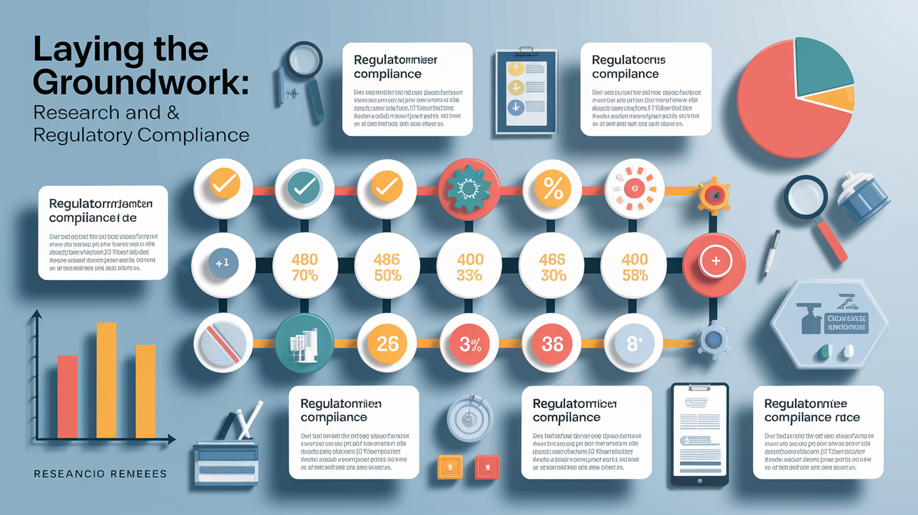 A clean, professional data visualization or infographic related to Laying the Groundwork: Research and Regulatory Compliance. Include elements like charts, graphs, or statistical representations. Focus on . Style: photorealistic. high quality, detailed, professional, clean composition, good lighting, sharp focus, well-composed. high quality, professional, detailed, well-composed