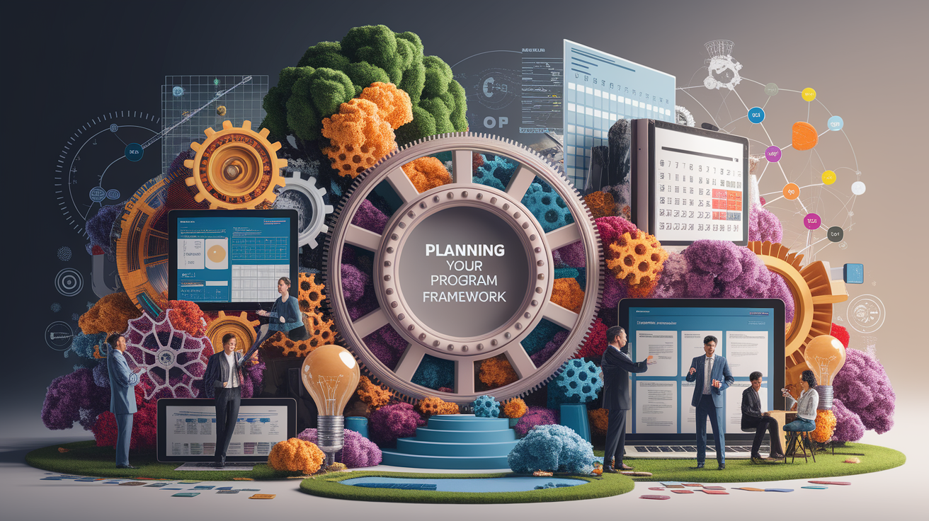 A conceptual illustration representing Planning Your Program Framework. Visualize the main ideas: . Creative but clear representation of the concept. Style: photorealistic. high quality, detailed, professional, clean composition, good lighting, sharp focus, well-composed. high quality, professional, detailed, well-composed