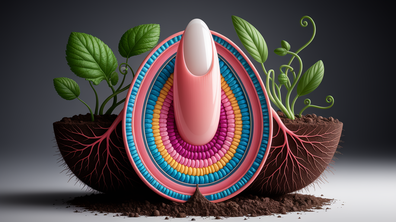 A conceptual illustration representing From Cells to Plate: How Nails Extend. Visualize the main ideas: . Creative but clear representation of the concept. Style: photorealistic. high quality, detailed, professional, clean composition, good lighting, sharp focus, well-composed. high quality, professional, detailed, well-composed