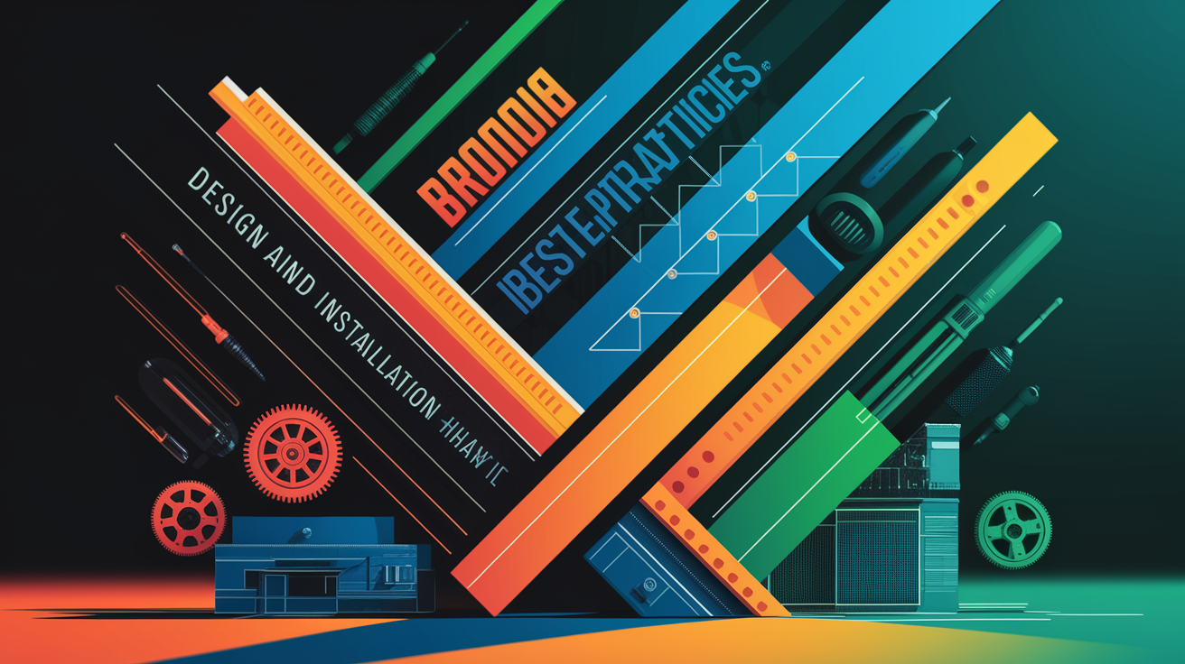 A conceptual illustration representing Design and Installation Best Practices. Visualize the main ideas: . Creative but clear representation of the concept. Style: Visual Theme: Clean, modern aesthetic with high contrast and vibrant energy. Emphasize the intersect. high quality, detailed, professional, clean composition, good lighting, sharp focus, well-composed. high quality, professional, detailed, well-composed