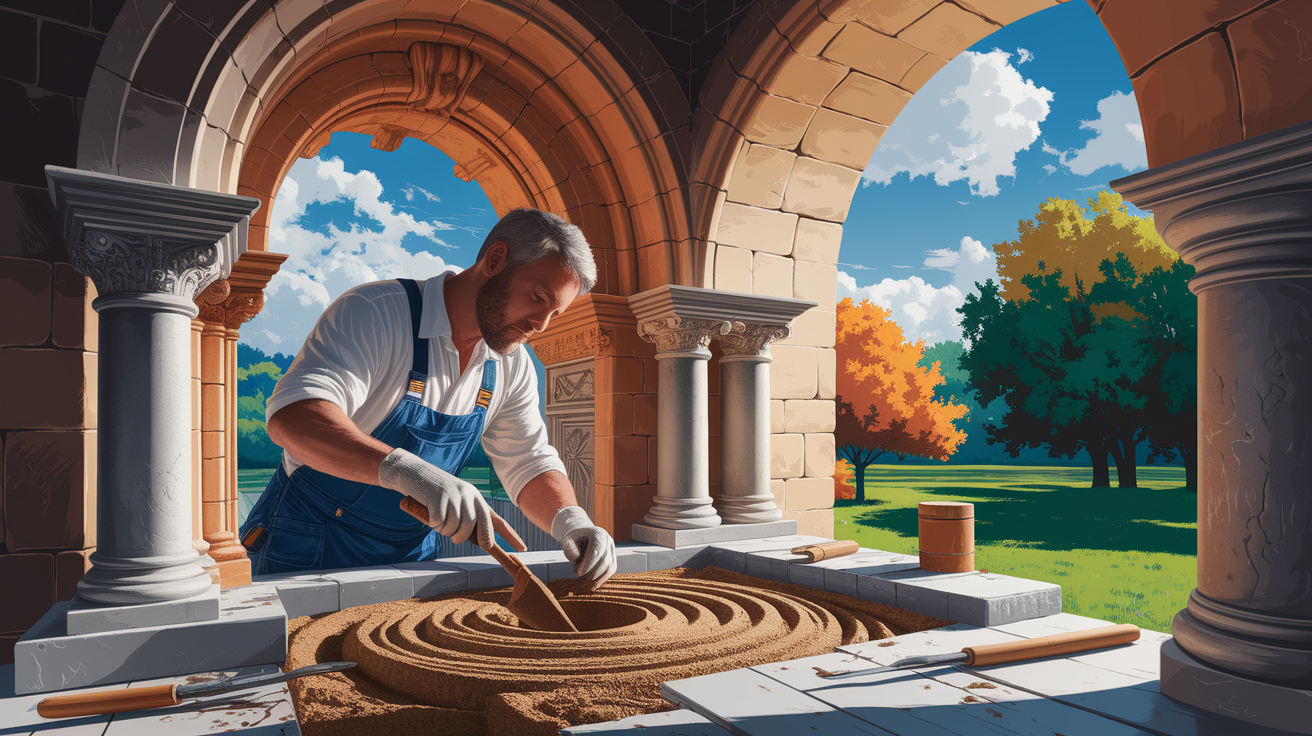 A conceptual illustration representing Mortar, Masonry, and More: Restoring Key Architectural Elements. Visualize the main ideas: . Creative but clear representation of the concept. Style: photorealistic. high quality, detailed, professional, clean composition, good lighting, sharp focus, well-composed. high quality, professional, detailed, well-composed