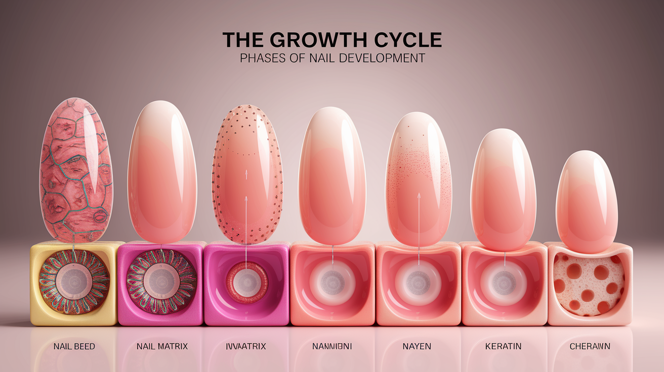 A conceptual illustration representing The Growth Cycle: Phases of Nail Development. Visualize the main ideas: . Creative but clear representation of the concept. Style: photorealistic. high quality, detailed, professional, clean composition, good lighting, sharp focus, well-composed. high quality, professional, detailed, well-composed